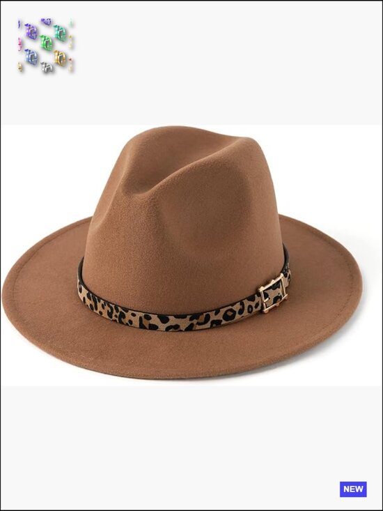 Wide Brim Felt Fedora Panama Hat with Leopard Belt Buckle Adjustable Lightweight